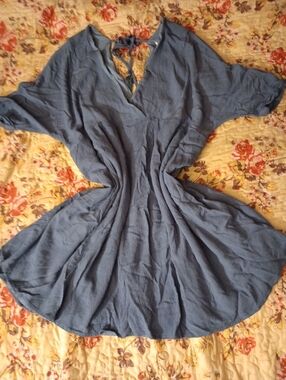 Boho Sky Blue Guaze V-Neck Flowing Babydoll Dress w/ Tassel Accents